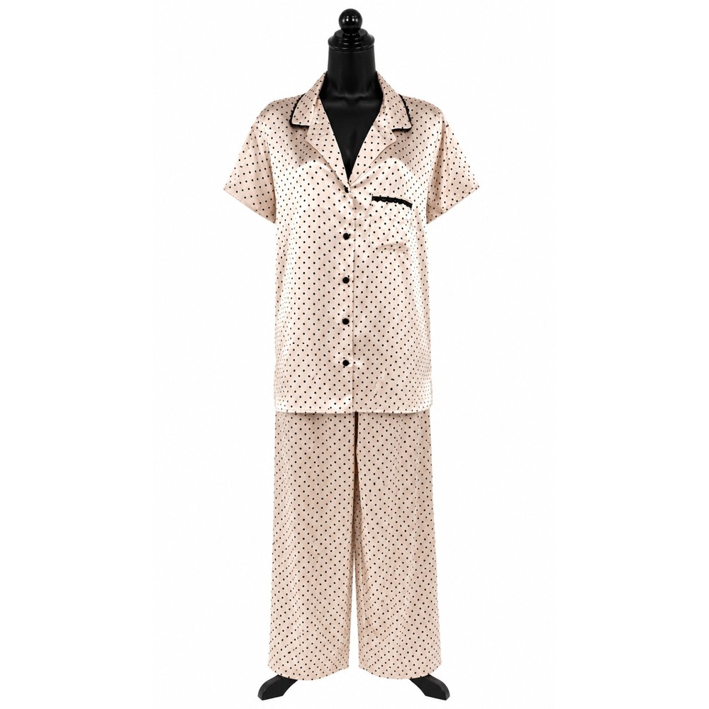 M&S Per Una Womens Short Sleeve Pajama Top Pant Set Size XL Pink Polka Dot Satin